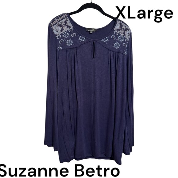 ❤️SUZANNE BETRO NAVY TOP w/KEYHOLE DETAIL & CROSS STITCH XLARGE - Picture 1 of 7